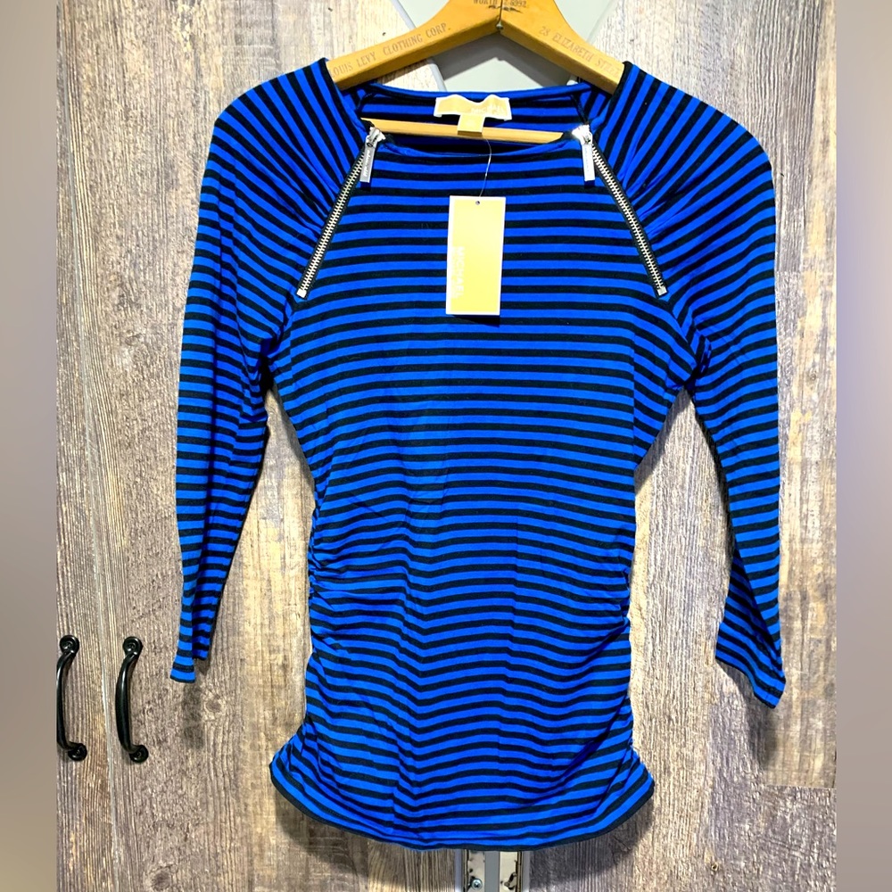 NWT Michael Kors Blue & Black Stripe Three Quarter Sleeve Shirt XS
